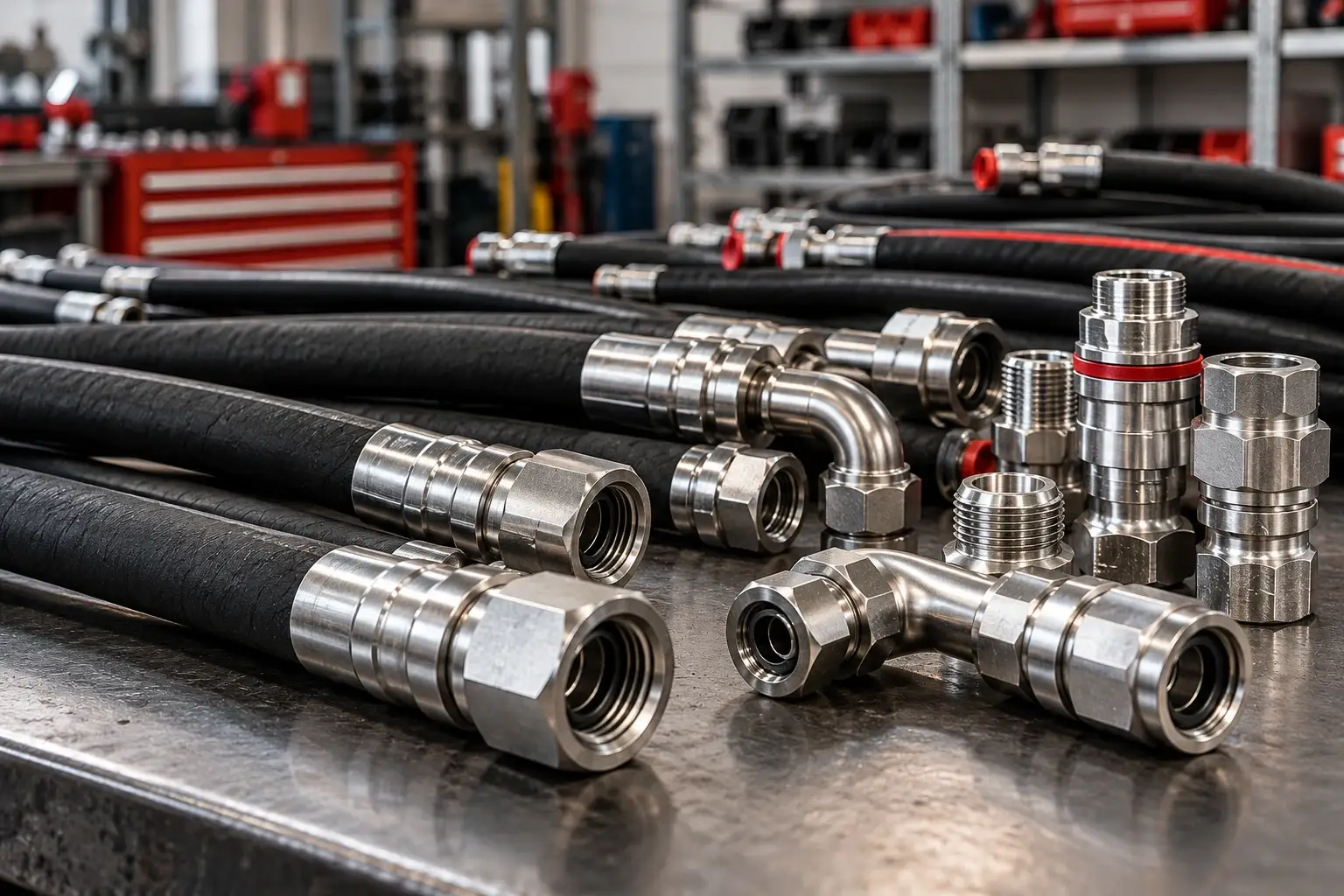Flexibles, raccords et composants hydrauliques en atelier